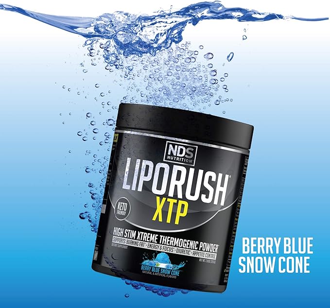 LIPORUSH NDS Nutrition XTP Thermogenic Fat Burner with L-Carnitine - Energy Focus and Appetite Control - Extreme Thermogenic Fat Burning Powder Weight Loss - Blue Berry Snow Cone (45 Servings)