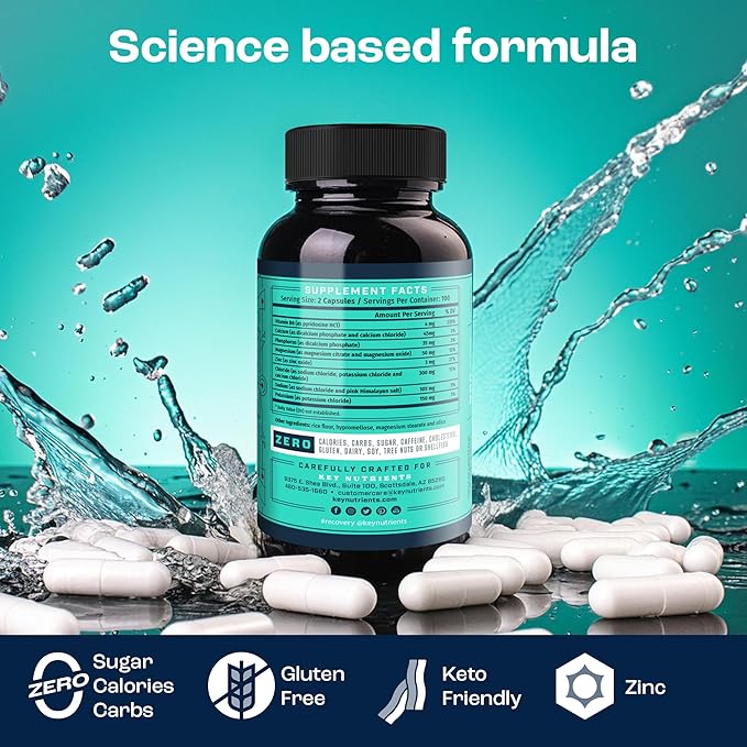 KEY NUTRIENTS Electrolyte Tablets 200 Capsules Salt for Dehydration Fasting Electrolytes- Salt Pills with Electrolytes No Sugar Gluten Free Hydration Tablets Made in USA