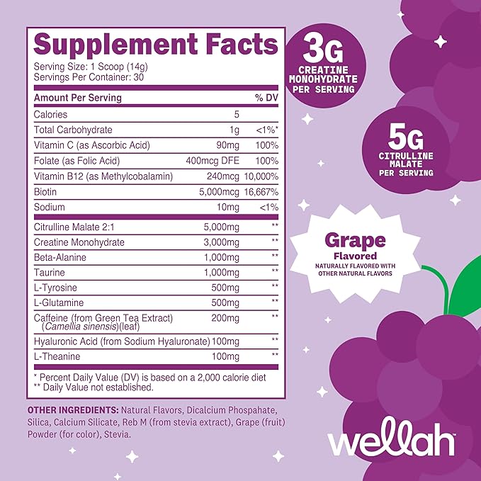Wellah Pre-Workout + Creatine Powder (30 Servings) Grape - 200mg Caffeine 3g Creatine Monohydrate 5g Citrulline Malate Pre-Workout with Creatine Supplement