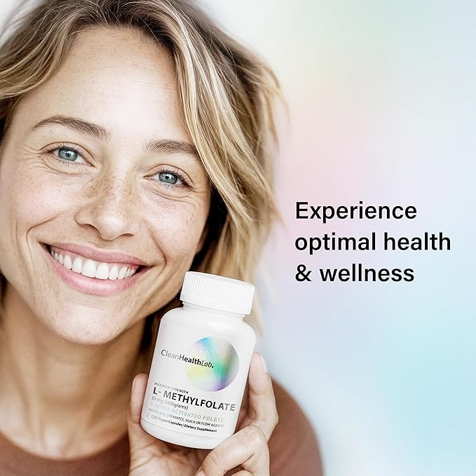 CleanHealthLab L-Methylfolate 15mg 5-MTHF Active Folate - Maximum Potency Methylated Vitamin B9 Supplement - Support for Brain Health Energy Nerves and Methylation with No Fillers (120 Count)