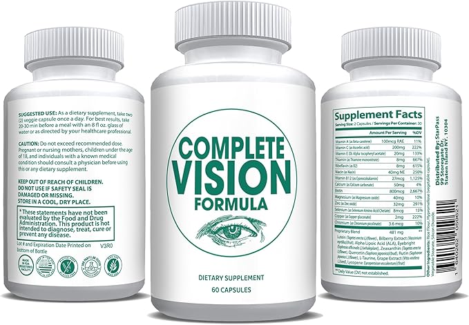 Pure Eye Health Vitamin &amp Mineral Supplements for Adults | Complete Research Vision Formula w/Bilberry Lutein Zeaxanthin Lycopene Resveratrol 60 Caps (3 Pack)