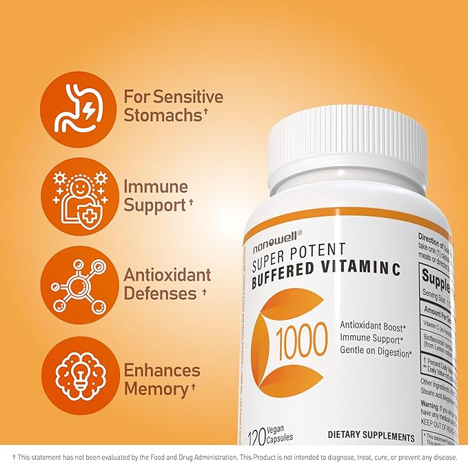 NANOWELL Super Potent Buffered Vitamin C 1000 mg with Bioflavonoid Complex - Antioxidant &amp Immune Support - Healthy Skin &amp Joints - Gluten Free - 180 Servings