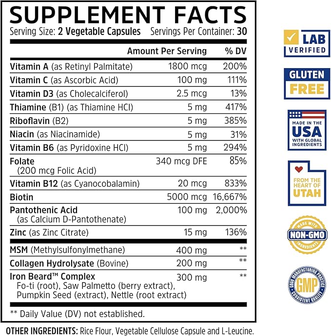 Zhou Iron Beard - Beard Growth Vitamins Men Premium Biotin Saw Palmetto &amp B Vitamin Pills to Support Facial Hair Beard Care Supplement for Full Beard - 60 Veggie Capsules