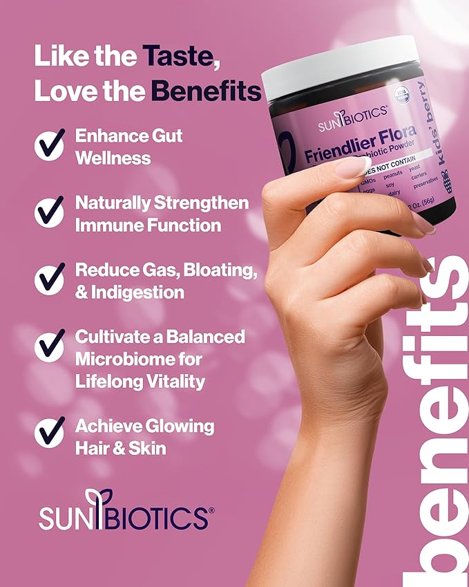 SUNBIOTICS Friendlier Flora - Kids Prebiotic and Probiotic Powder Supplement with 5 Billion CFUs of 5 Probiotic Strains for Good Gut Flora Immune System &amp Balanced Microbiome - Berry (Pack of 2