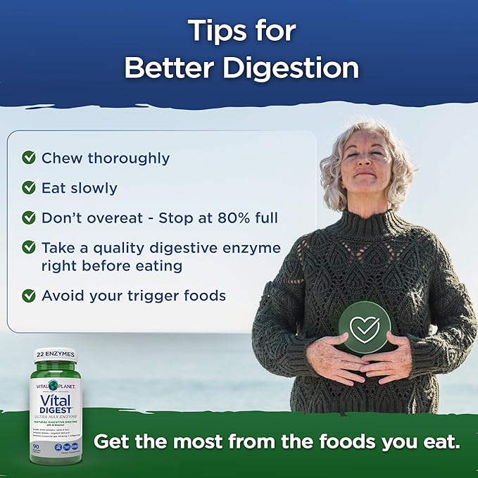 Vital Planet – Vital Digest Natural Digestive Enzymes Supports Breakdown of Proteins Fats and Carbohydrates and Reduces Occasional Gas Bloating and Indigestion 90 Capsules (Packaging May Vary)