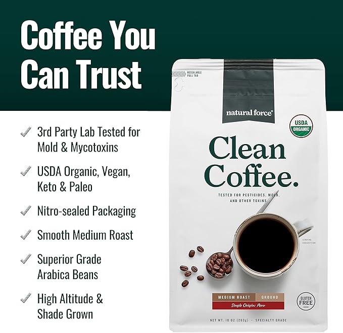 Natural Force Organic Ground Clean Coffee + Organic MCT Oil Bundle – 100% Pure Coconut MCTs &amp Mold &amp Mycotoxin Free Coffee – Non-GMO Keto Paleo and Vegan - 10 Oz Bag and 32 Oz Glass Bottle