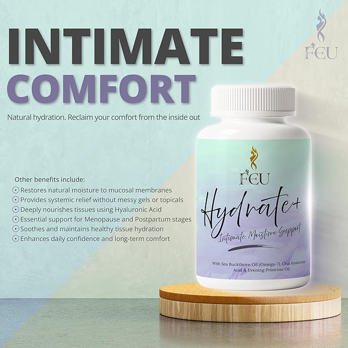 FEU Hydrate Plus – Women’s Intimate Moisture &amp Skin Hydration Support – Sea Buckthorn Oil (Omega-7) Evening Primrose Oil Hyaluronic Acid Sea Moss &amp Vitamin E – 120 Vegan Capsules (40 Servin