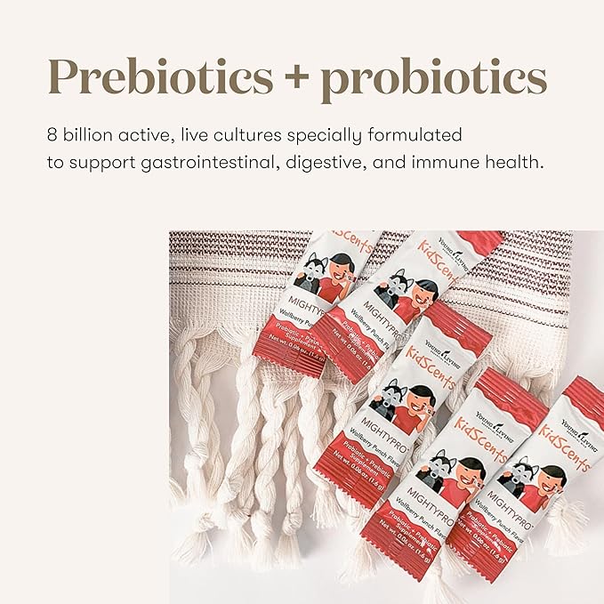 Young Living KidScents MightyPro Prebiotic &amp Probiotic Blend with 8 Billion Live Cultures Supports Digestive &amp Immune Health in Children Convenient Single-Dose Packets for Healthy Gut and