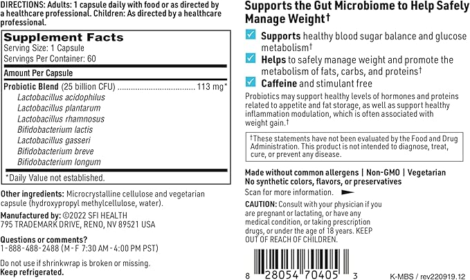 Klaire Labs SFI Health Ther-Biotic Metabolic Formula Probiotic - Lactobacillus &amp Bifidobacterium Species - Healthy Metabolism + Immune Support - Vegetarian 25b CFU for Adults (60 Capsules)