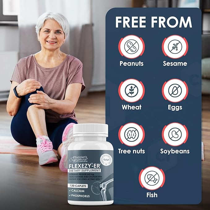 Rawleigh Flexezy-ER: 120 Caplets High Strength Glucosamine &amp Chondroitin Sulfate Blend Calcium &amp Phosphorus 24-Hour Extended Release Bone &amp Joint Health Supplement. Non-GMO - 1 Month S