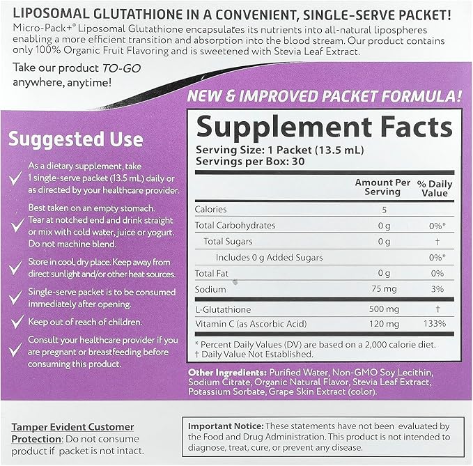 Aurora Nutrascience Micro-Pack Liposomal Glutathione - 500 mg Liquid Supplement Antioxidant Support for Men &amp Women Sugar Free Non-GMO Liposomal Glutathione Packets - 30 Single Serve Packets