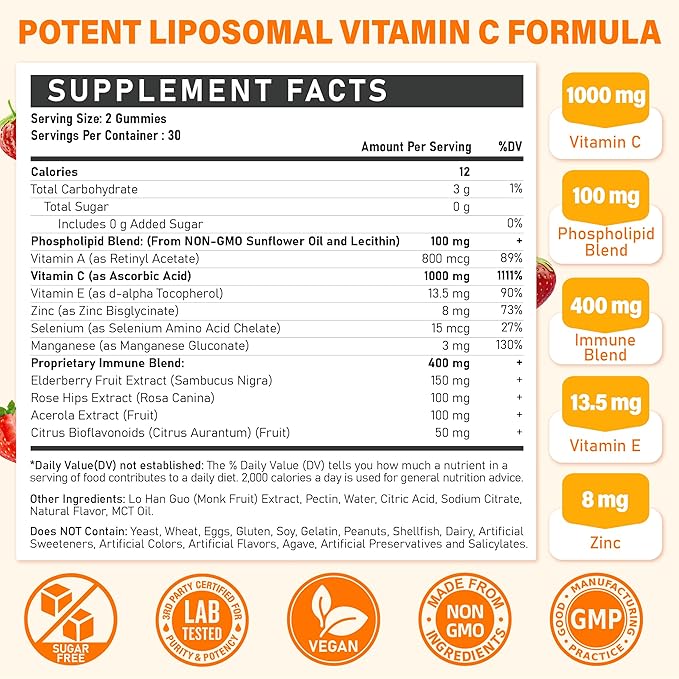 Liposomal Vitamin C Gummies 1000mg for Adults: Vitamin C Chewable Gummy with Zinc Elderberry Vitamins A &amp E