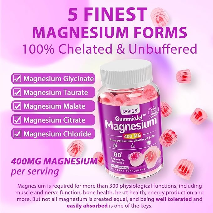 Magnesium Gummies 400mg | 5-in-1 Magnesium Complex for Women &amp Men: Mag Glycinate Citrate Malate Chloride &amp Taurate | w/Ashwagandha D3 &amp Zinc for Relaxtion MoodEnergy | Sugar-Free V