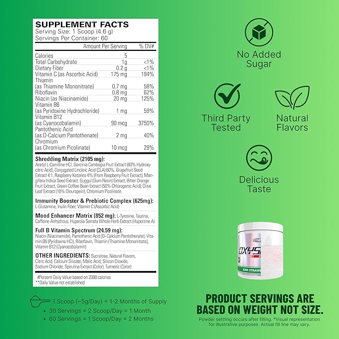 EHP Labs OxyShred Pre Workout Powder - Preworkout Powder with L Glutamine &amp Acetyl L Carnitine Energy Boost Drink - Kiwi Strawberry 60 Servings