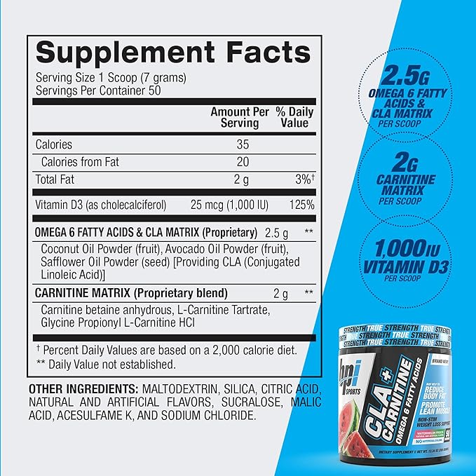 BPI Sports CLA+Carnitine – CLA L Carnitine &amp Linoleic Acid – L Carnitine Supplement for Weight Loss Metabolism &amp Lean Muscle – Caffeine Free – Watermelon – 50 Servings – 12.34 oz