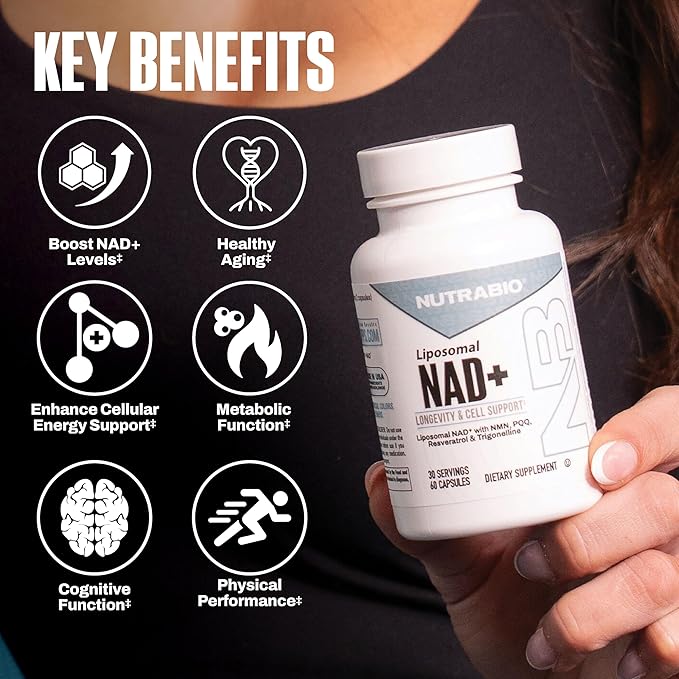 NutraBio Liposomal NAD+ Supplement with Resveratrol NMN &amp PQQ for Longevity and Cell Support for Men and Women Long-Term Vitality 60 Capsules