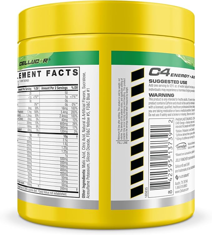C4 Energy + Aminos Powder Jolly Rancher Green Apple 5g BCAAs &amp EAAs for Muscle Recovery 3 Electrolytes for Hydration 100mg Natural Caffeine Pre Workout Zero Sugar 30 Servings