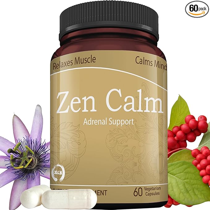 Zen Calm Stress Adrenal Support Supplement Organic Adaptogenic Herbs - Magnesium B Vitamins GABA &amp More to Support a Natural Calm. Non-Drowsy. Non-GMO (60 Veggie Caps)
