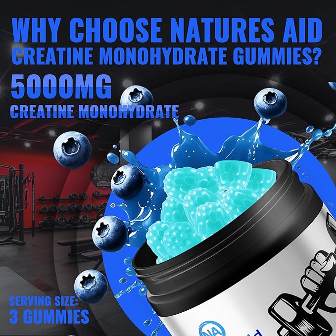 Natures Aid Creatine Monohydrate Gummies (5g) – Pre-Workout Energy &amp Muscle Growth Support for Men &amp Women | Blueberry Electrolyte Gummies (135 Count)