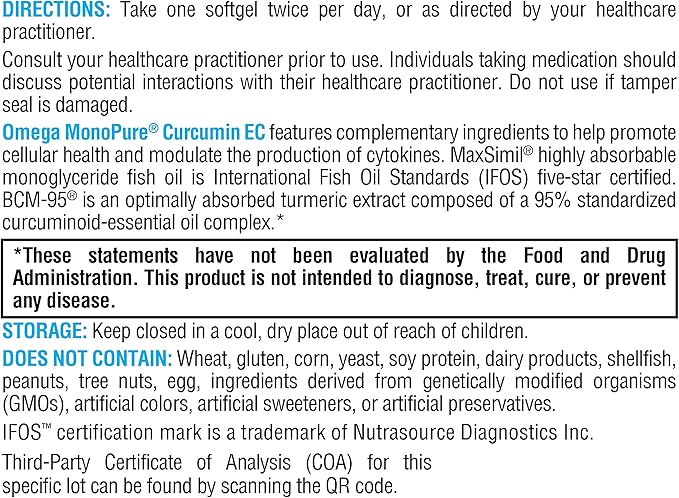 XYMOGEN Omega MonoPure Curcumin EC - Cytokine Balance Support - Monoglyceride Fish Oil with Enhanced DHA EPA Absorption - BCM-95 Turmeric Extract - Omega-3 Softgels