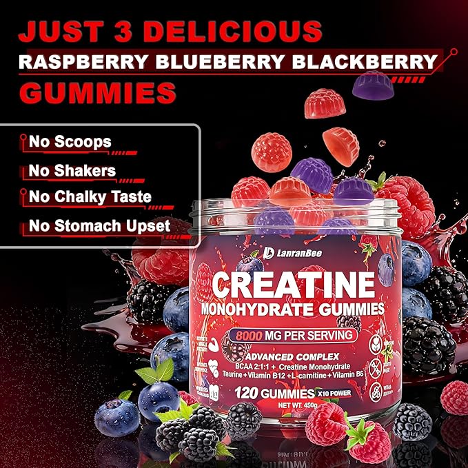 Creatine Monohydrate Gummies for Men &amp Women with L-Carnitine &amp Taurine – Pre-Workout Supplement for Muscle Strength Energy Boost – Sugar Free Vegan Berry Flavor Chewable Gummy 120 Count