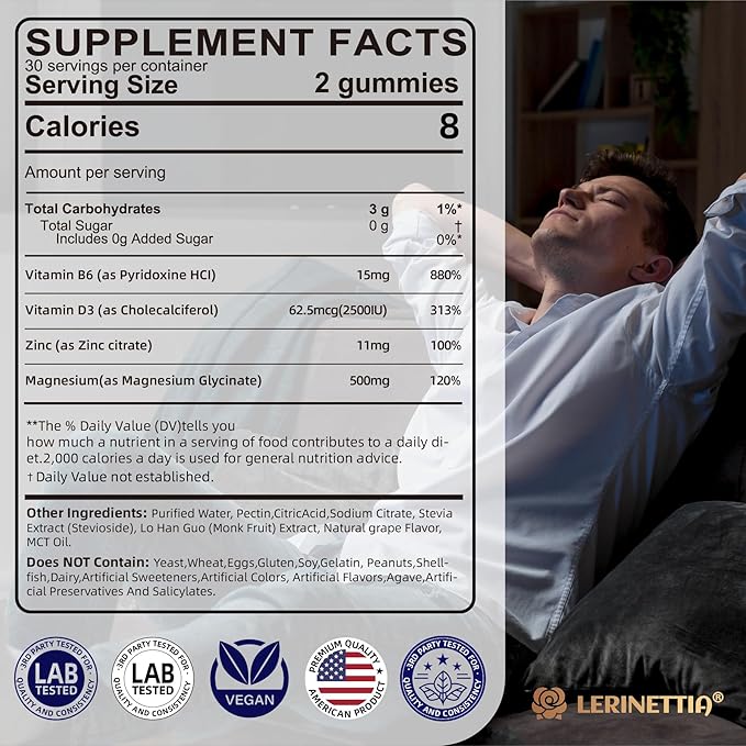 Magnesium Glycinate 500mg/250mg for Adults Teens - Plus D3B6 &amp Zinc - Magnesium Glycinate GummiesHigh Absorption - Support for RelaxationBrainBone &amp Immunity Health - Sugar Free - 120Cts