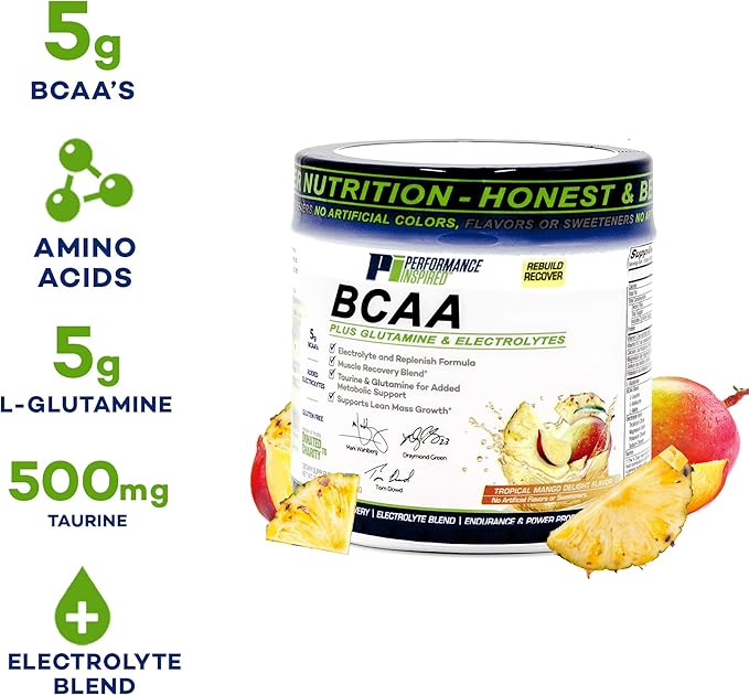 PERFORMANCE INSPIRED Nutrition BCAA Powder – 5G BCAA with Electrolytes Taurine &amp Glutamine – All-Natural Recovery &amp Clean Formula – Tropical Mango Delight – 1.46 lb