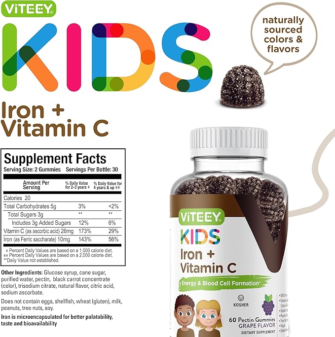 VITEEY Iron for Kids with Vitamin C - Supports Energy Blood Cell Formulation Blood Builder Anemia Kids Iron Supplements - Vegan Gelatin Free Gluten Free - Tasty Chewable Grape Flavored Gummy