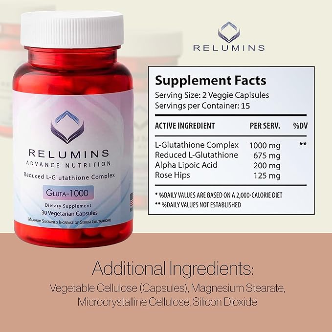 Relumins L-Glutathione &amp Vitamin C Supplement Bundle – 1000mg Reduced Glutathione Complex with Alpha Lipoic Acid &amp Rose HIPS (30 Capsules) + MAX Vitamin C 1000mg (60 Capsules)