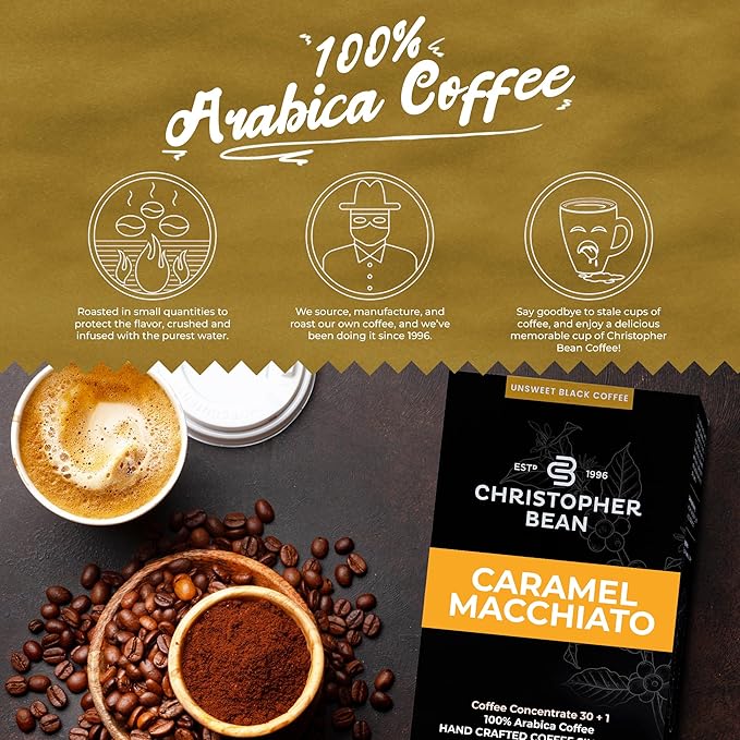 Christopher Bean Coffee - 396 servings 30 to 1 Blend Bag in Box Liquid Instant Coffee or Cold Brew Coffee Concentrate - Hot or Iced Coffee - Caramel Macchiato