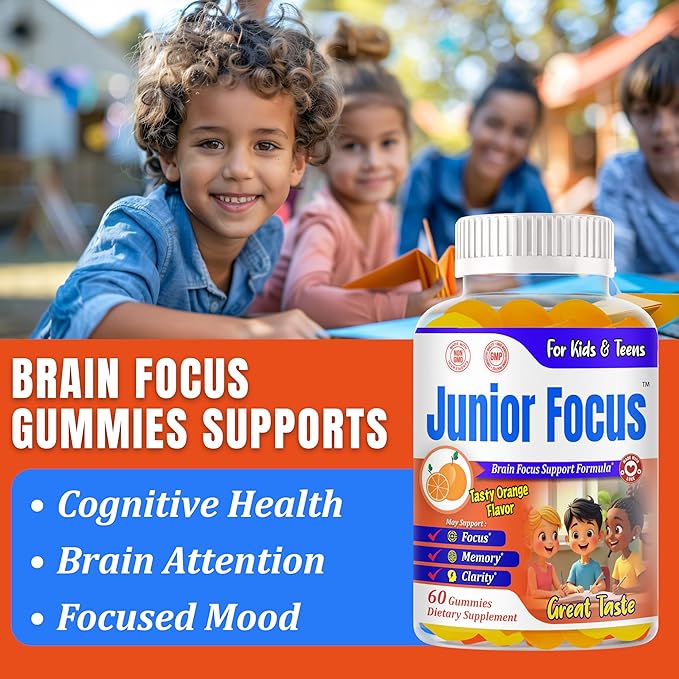 Focus Gummies for Kids and Teens – Kids Omega 3 Brain Support Gummies Vitamins for Kids – Brain Focus Supplements Kids Vitamin Gummies – Orange Flavor 60 Gummy Vitamins for Teens
