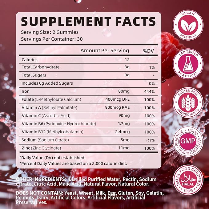 Iron Gummies for Women &amp Men Vegan Iron Supplement Gummies with Vitamin C A B-Complex Folate Zinc- for Immune Health &amp Energy Support Raspberry Flavor 120 Count