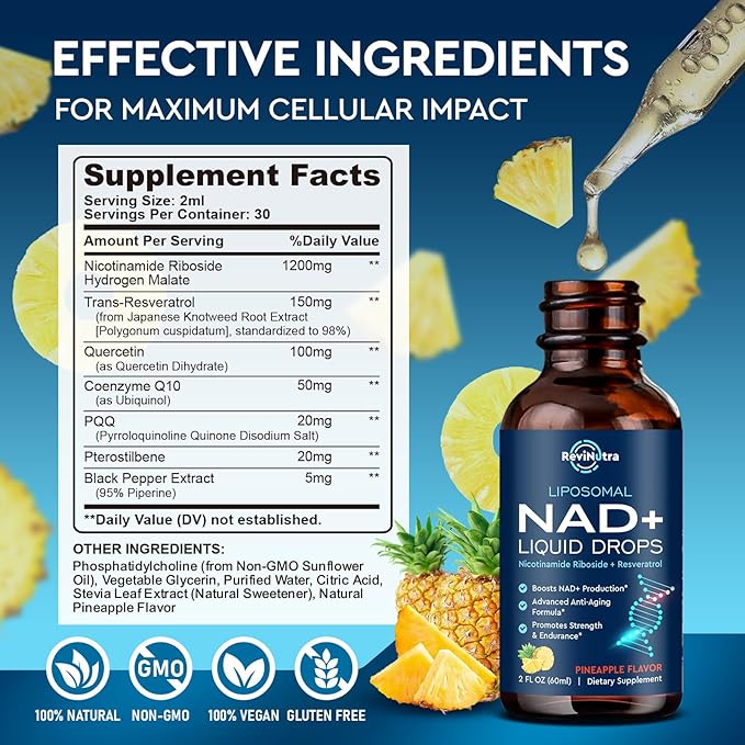 Liposomal NAD Supplement - 1200mg NAD+ Liquid Drops for Women &amp Men Nicotinamide Riboside with Resveratrol PQQ CoQ10 Quercetin for Anti-Aging Brain &amp Cellular Mitochondrial Pineapple 4 F