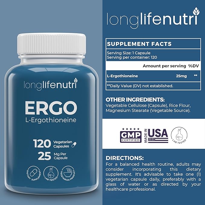 L-Ergothioneine 25mg - 120 Vegetarian Capsules 4-Month Supply Antioxidant Supplement for Wellness Routine GMP Certified Made in USA