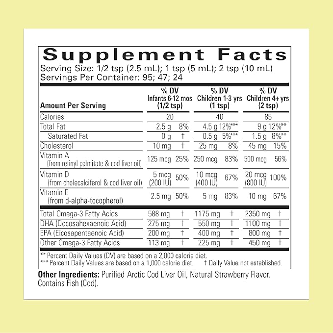 CHILDLIFE ESSENTIALS Cod Liver Oil for Kids - Kids Arctic Cod Liver Oil Liquid for Babies 6+ Months &amp Toddlers Added DHA EPA Omega-3 Fatty Acids - Strawberry 8 fl oz