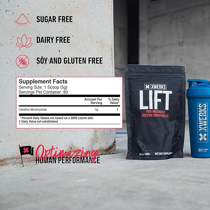 Xwerks Lift Creatine Monohydrate Powder Micronized and Unflavored with 80 Servings 5000mg 5g Per Scoop Highly Soluble Pre Workout Creatine for Women and Men Muscle Power and Training Endurance