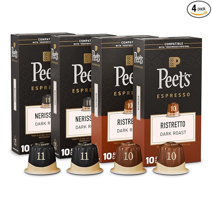 Peet's Coffee Dark Roast Espresso Capsules Variety Pack Compatible with Nespresso Original Machine 100% Arabica Coffee - Intensity 10-11 40 Count (4 Boxes of 10 Espresso Capsules)