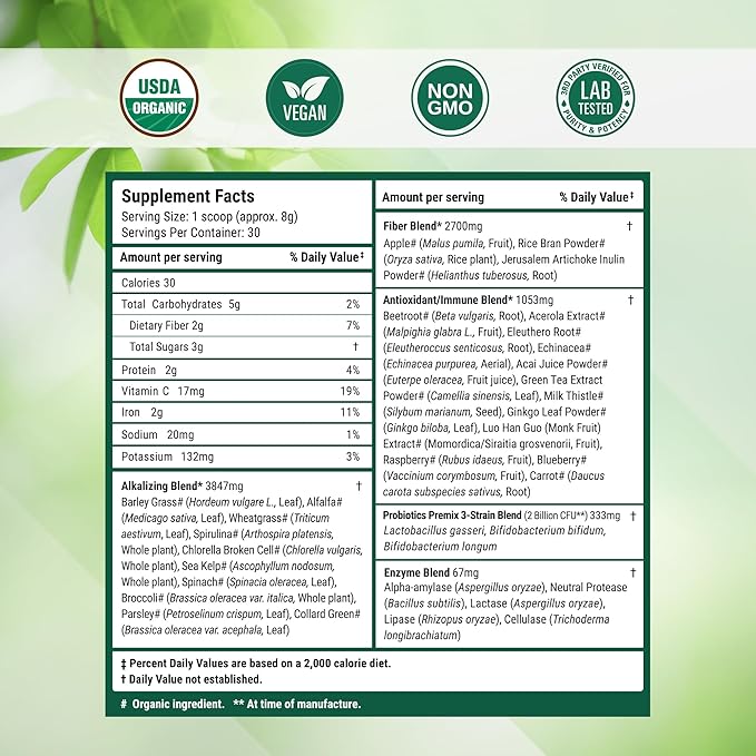 Nested Naturals Super Greens Daily Superfood Powder - Certified USDA Organic Green Powder w/20+ Whole Foods Spirulina PowderWheat &amp Barley Grass - Probiotics Fiber &amp Enzymes - Original Flav