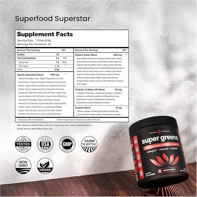 NutraChamps Super Greens Powder Premium Superfood | 20+ Organic Green Veggie Whole Foods | Alfalfa Spirulina Chlorella &amp More | Antioxidant Digestive Enzyme &amp Probiotic Blends | Watermelon