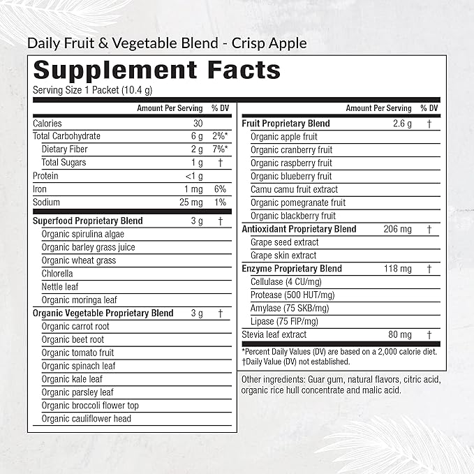 Equilife Daily Fruit &amp Vegetable Blend Superfood Antioxidant Supplement Crisp Apple Flavor with Vitamin C Fiber and 9 Essential Amino Acids Supports Energy Vegan 14 Single Serve Packets