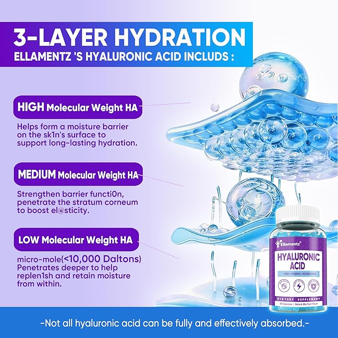 7-in-1 Sugar Free Hyaluronic Acid Supplements with MSM Resveratrol Ginseng Vitamin C Gummies for Skin Health &amp Deep Hydration 120 Counts