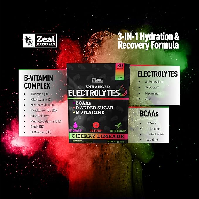 Enhanced Electrolyte Powder Stick Packs (Cherry Limeade | 20 Packets) w/ 0 Sugar +BCAAs +B-Vitamins Electrolyte Supplement w Potassium Zinc &amp Magnesium for Hydration - Keto Electrolytes