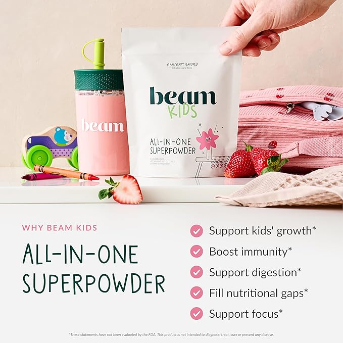 Beam Kids Multivitamin Powder – Kids Vitamins with Greens Probiotic &amp Prebiotic Immune Support for Children &amp Toddlers No Artificial Sweeteners for Picky Eaters 20 Servings Strawberry Fl