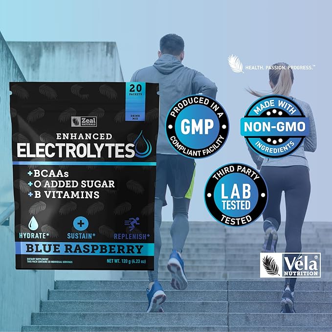 Enhanced Electrolyte Powder Stick Packs (Blue Raspberry | 20 Packets) w/ 0 Sugar +BCAAs +B-Vitamins Electrolyte Supplement w Potassium Zinc &amp Magnesium for Hydration - Keto Electrolytes