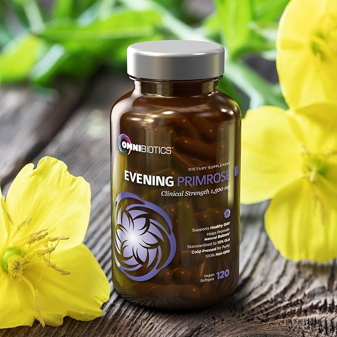 OmniBiotics Organic Evening Primrose Oil for Women – Clinical Strength 1500mg per Capsule 10% GLA Cold-Pressed Non-GMO Hormone Balance for Women – 120 Vegan Softgel Capsules
