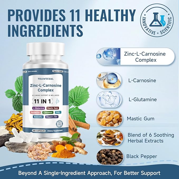 Zinc L Carnosine Complex 85mg 11-in-1 Digestive &amp Gut Health Support with Soothing Blend L-Glutamine &amp Mastic Gum 200 Capsules Non-GMO Vegan