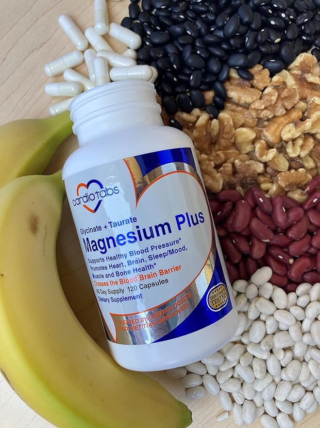 Magnesium Plus – 200 mg of Magnesium Glycinate and Magnesium Taurate for Blood Pressure Heart Brain Sleep &amp Mood Support – Highly Concentrated and Well Absorbed - 120 Capsules
