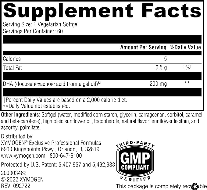 XYMOGEN DHA from Algae - Vegan Omega-3 DHA Supplement - Brain Eye &amp Immune Support - Plant-Based Omega Nutrition - Non-Fish Source - 60 Softgels