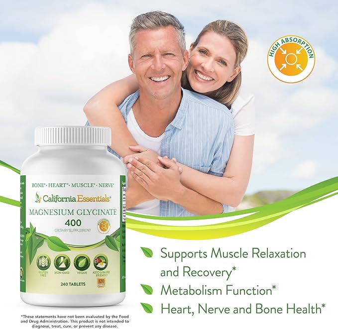 Magnesium Glycinate 400 - Chelated High Absorption Magnesium for Muscle Relief Bone &amp Heart Support -Vegan Non-GMO Gluten-Free 240 Tablets (Servings 120 Serving Size (2) 200mg Tablets)