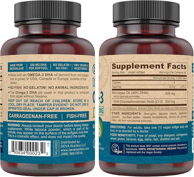 DEVA Vegan Omega-3 DHA Supplement Once-Per-Day Softgel 200 MG Carrageenan Free Gelatin Free Non-Fish Algae Oil Omega-3 Fatty Acids - 90 Softgels